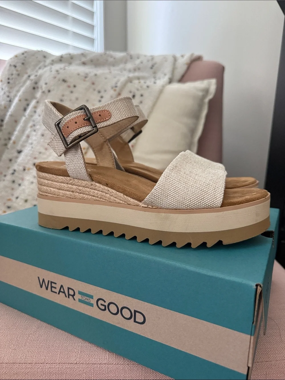 TOMS Natural Canvas Wedge Sandals - Picture 2 of 7